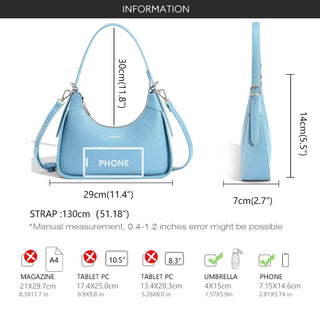 Light blue women's shoulder bag dimensions with soft design, ideal for versatile outfits.