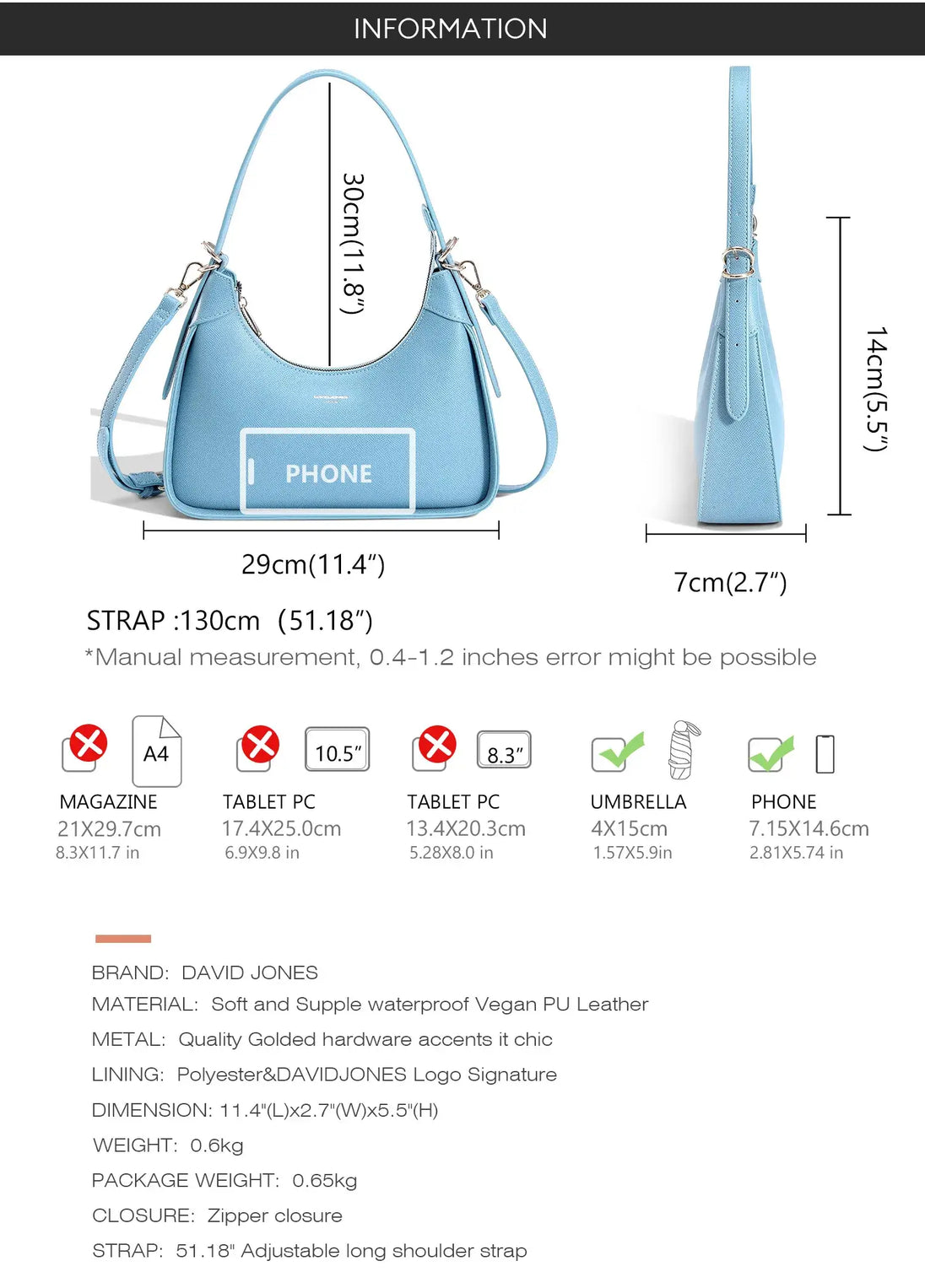 Women's Light Blue Faux Leather Shoulder Bag with Zipper Closure and Interior Pockets, Soft Hobo Style