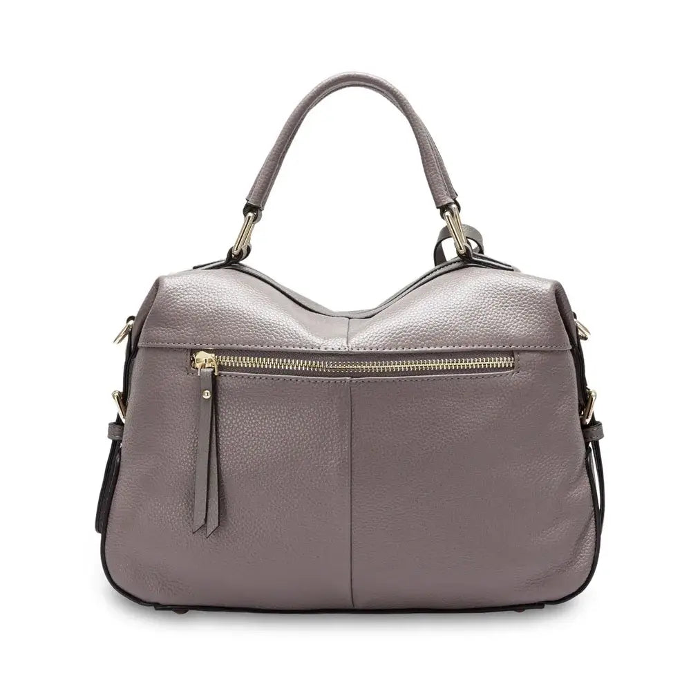 Elegant gray leather shoulder bag with versatile design and durable structure for everyday use.