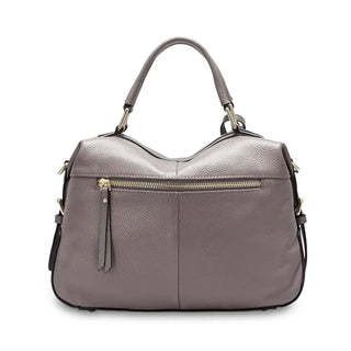 Elegant gray leather shoulder bag with versatile design and durable structure for everyday use.