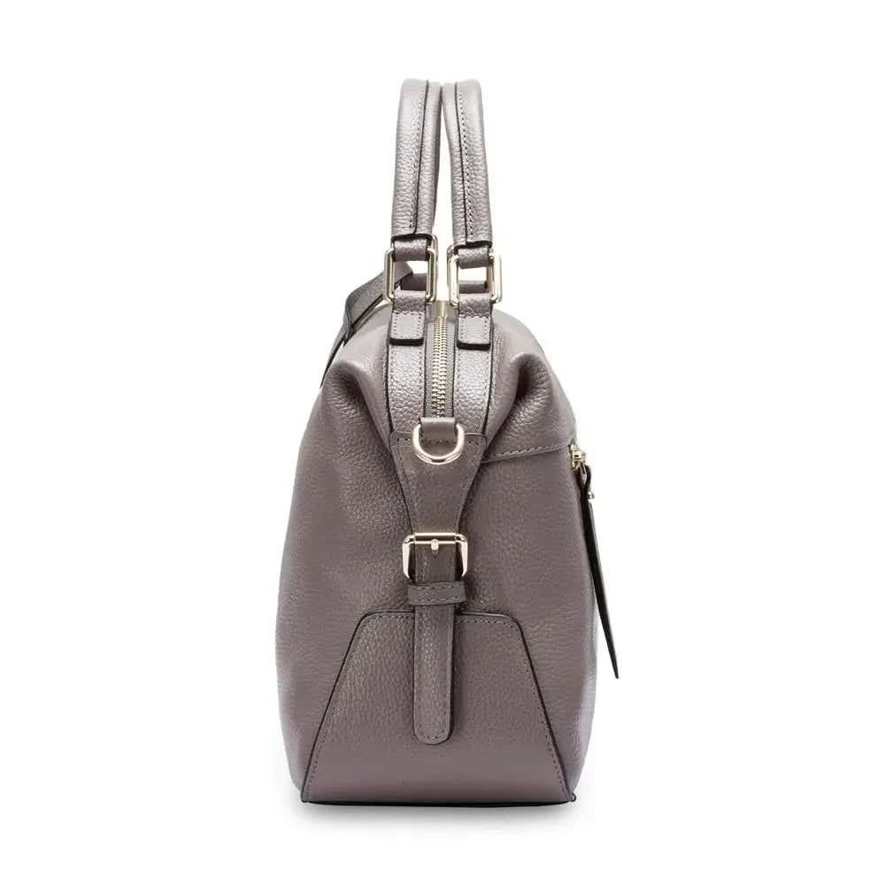 Elegant gray leather shoulder bag with dual handles and gold accents, perfect for versatile everyday use.