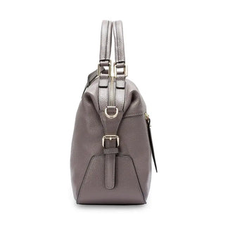 Elegant gray leather shoulder bag with dual handles and gold accents, perfect for versatile everyday use.