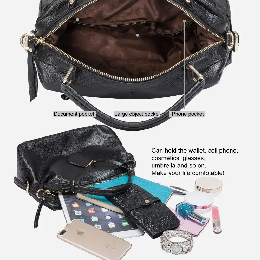 Shoulder bag black leather with spacious pockets for phone, wallet, and cosmetics, designed for convenience and style.