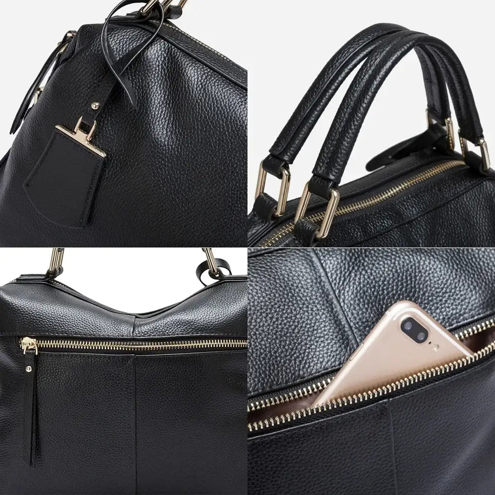 Black leather shoulder bag with multiple zippered compartments and dual handles, perfect for daily use and stylish versatility.