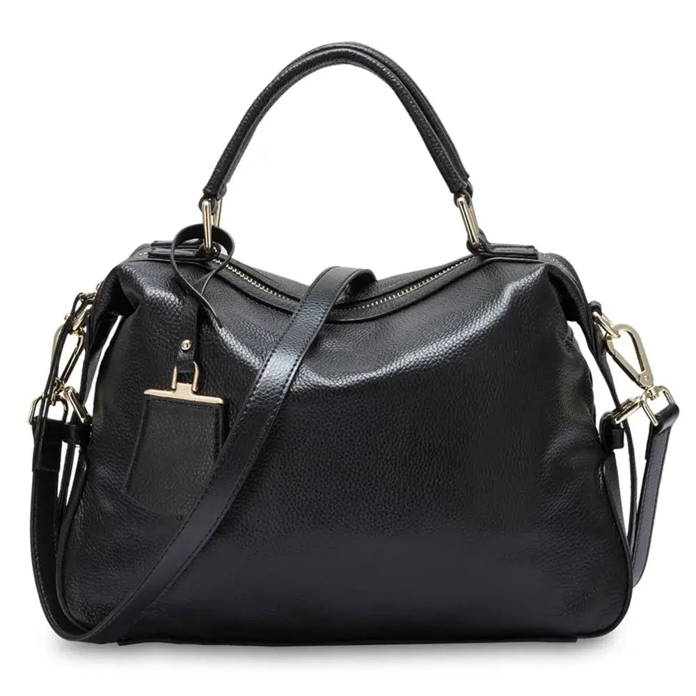 Shoulder bag leather black, elegant handmade Boston tote with versatile carry options for women.