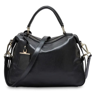 Shoulder bag leather black, elegant handmade Boston tote with versatile carry options for women.