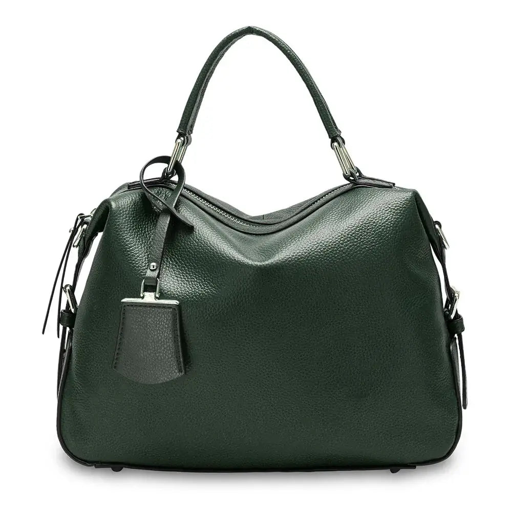 Leather shoulder bag in deep green with elegant design, perfect for versatile everyday use and sophisticated style.