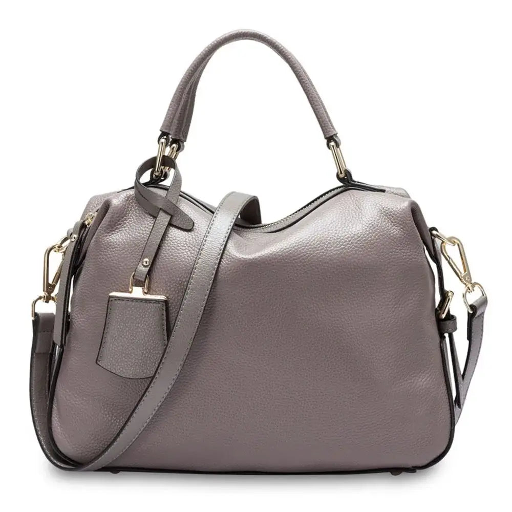 Elegant grey leather shoulder bag with gold accents and dual carry options for versatile everyday use.