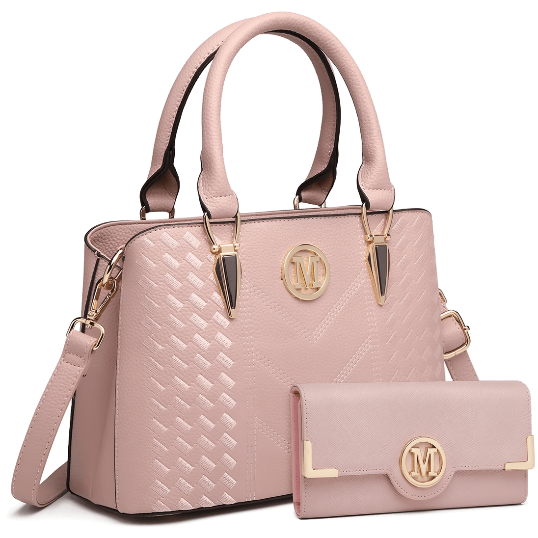 Women’s pink PU leather tote handbag set with a wallet, elegant and versatile for daily use.