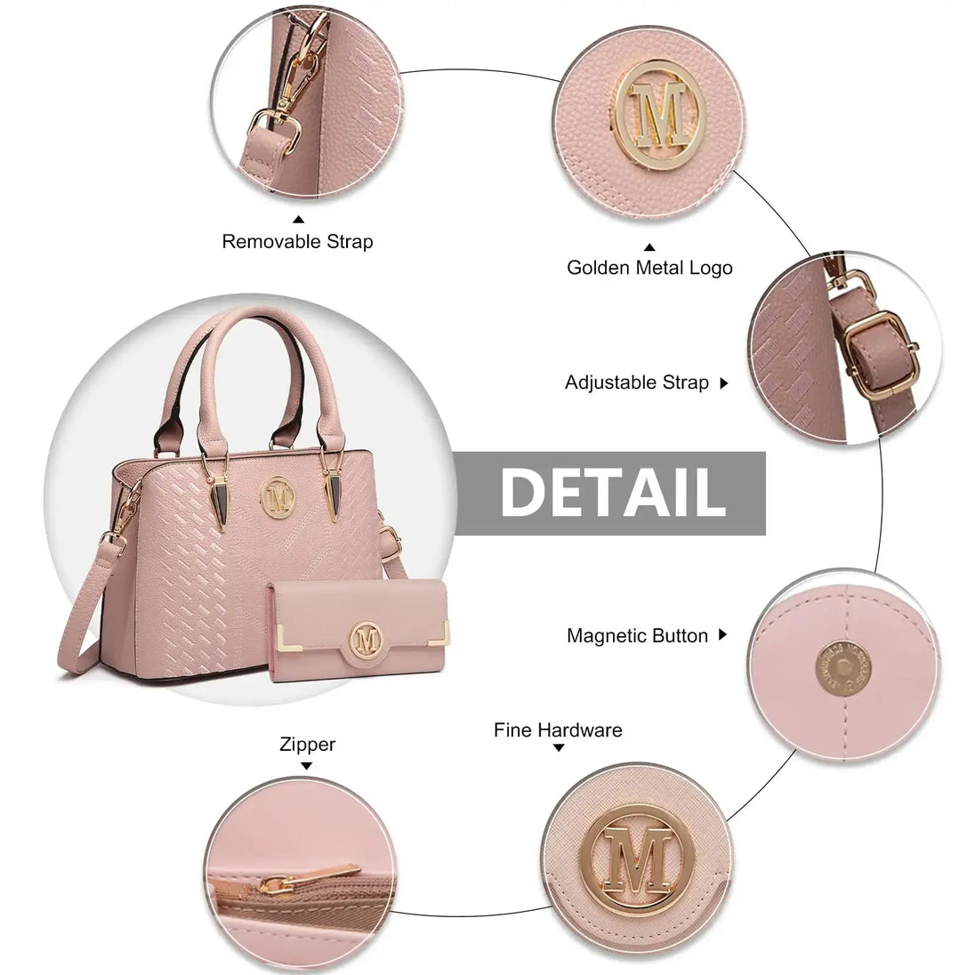 Women’s pink PU leather tote handbag with removable strap and wallet, featuring golden logo and fine hardware details.