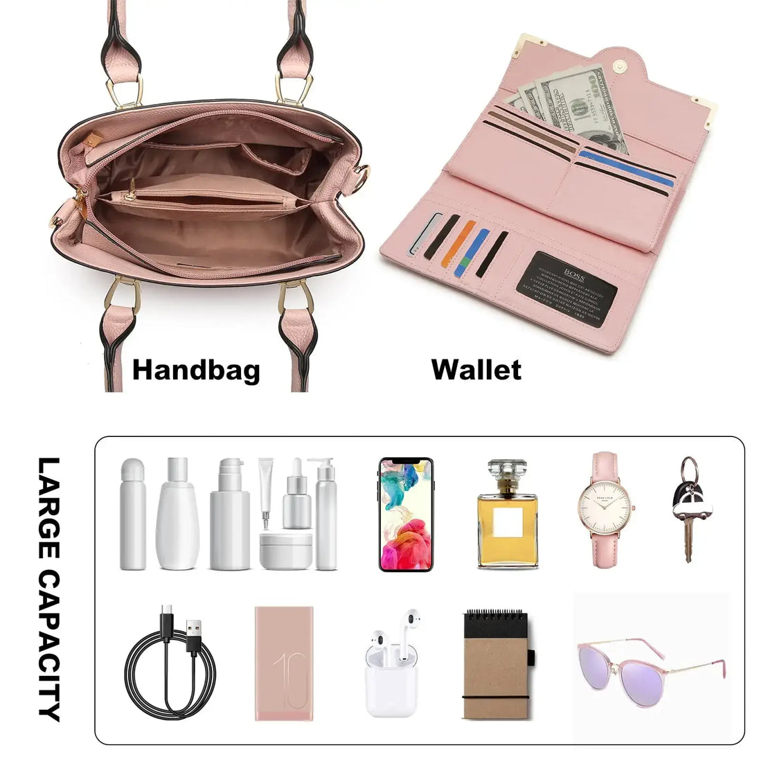Women’s pink PU leather casual tote handbag with wallet showing large capacity and organized compartments.