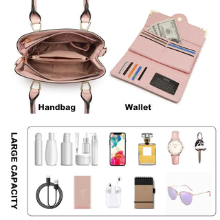 Women’s pink PU leather casual tote handbag with wallet showing large capacity and organized compartments.