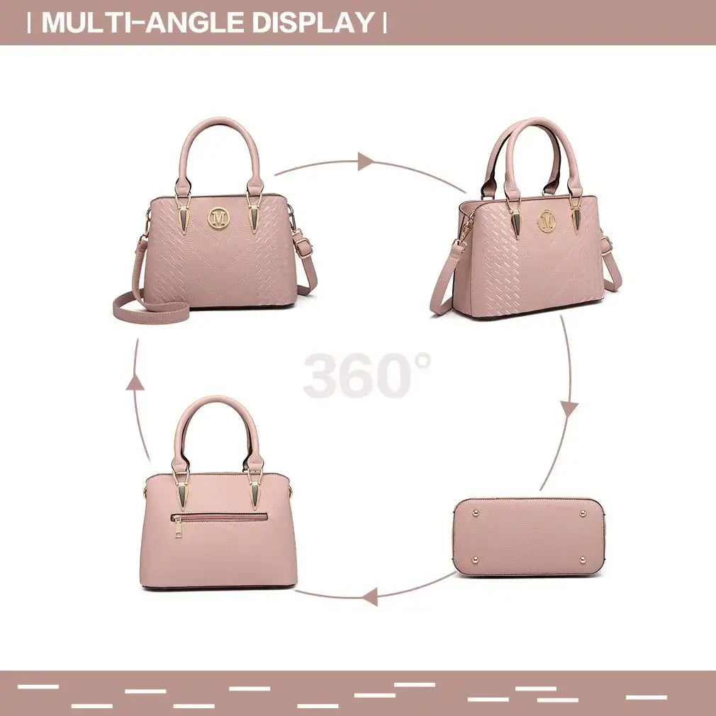 Women’s pink PU leather casual tote handbag set with wallet, multi-angle display showcasing structure and design.