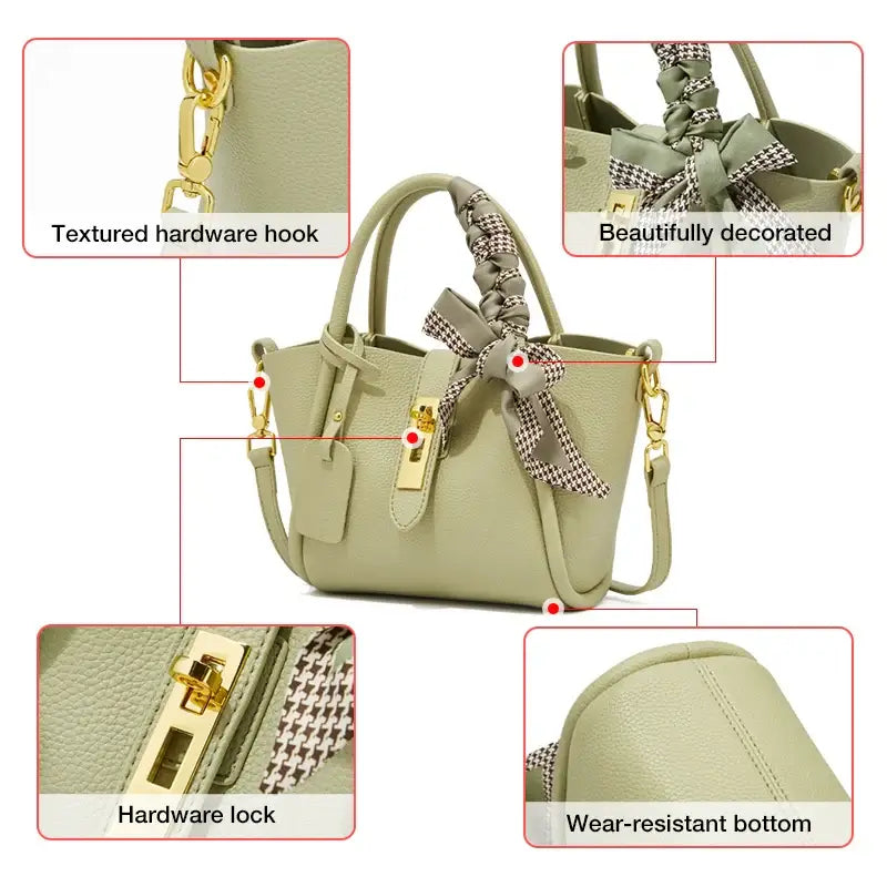 Light green leather women’s handbag with gold lock, scarf handle, and structured design.