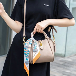 Light Green Leather Handbag with Gold Lock, Scarf Handle, Crossbody Strap - Vintage Chic Style