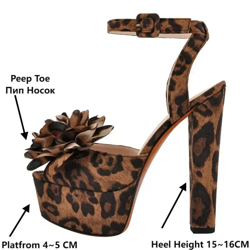 Leopard print high heels for women with peep toe, 15-16 cm heel height, and floral detail, perfect for glamorous outfits.