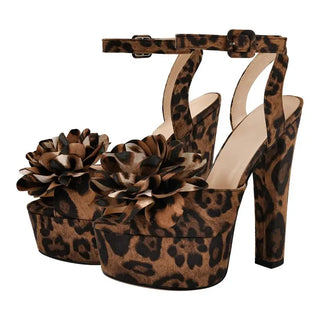 High heel leopard print ankle strap sandals for women with floral embellishments, 16 cm heel and 5 cm platform.