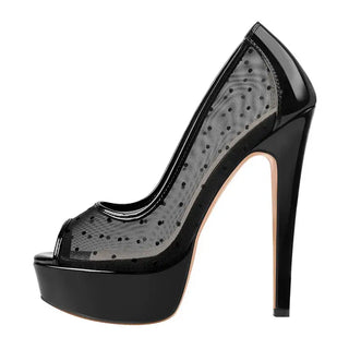Black high-quality handmade platform pumps with peep-toe design and breathable air mesh upper.