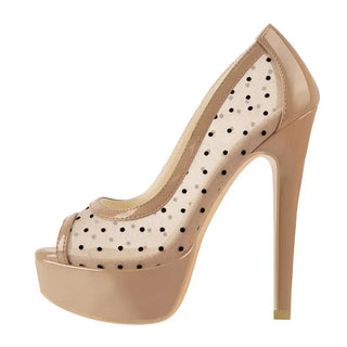 High-quality handmade nude platform pumps with peep-toe and air mesh upper, perfect for glamorous occasions.
