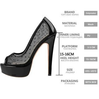 High-quality handmade black platform pumps with peep-toe, 15-16cm heels, breathable mesh design for glam summer style.