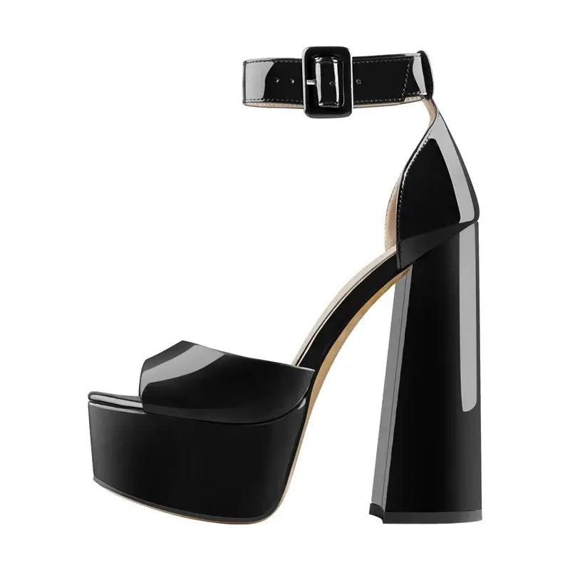 High Heels sandals with ankle strap and block heel, stylish black patent leather design.