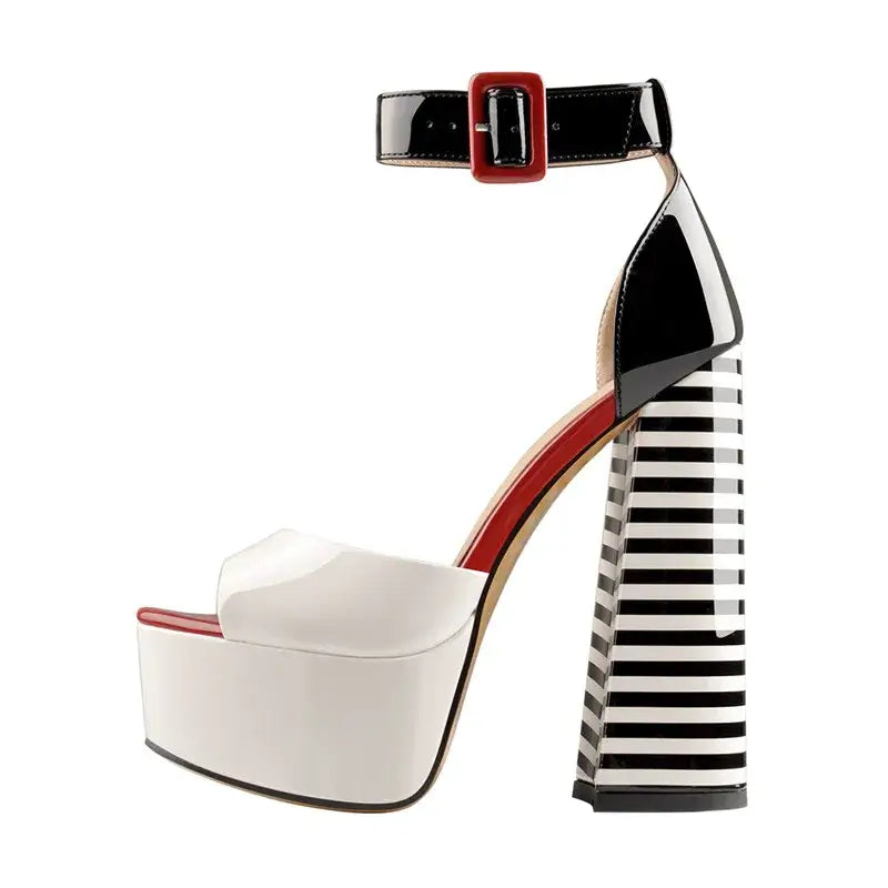 High Heels sandals with ankle strap and block heel, featuring bold black and white striped design and patent leather finish.