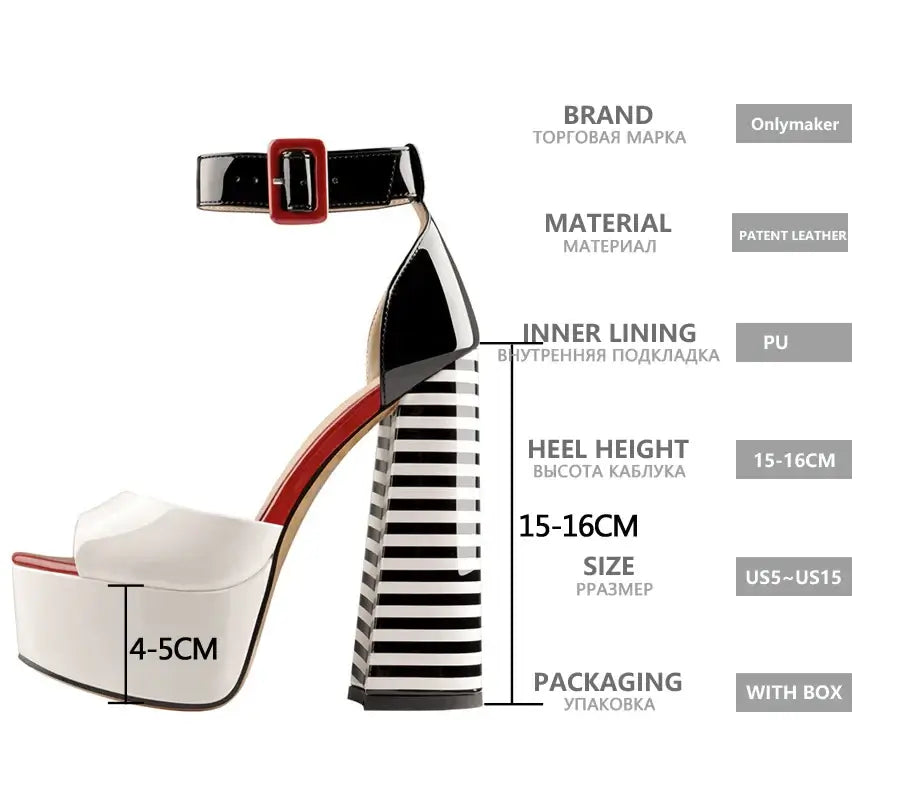 High Heels Sandals Ankle Strap Block Heel Dress Shoes with patent leather, 15-16 cm heel height, and 4-5 cm platform.