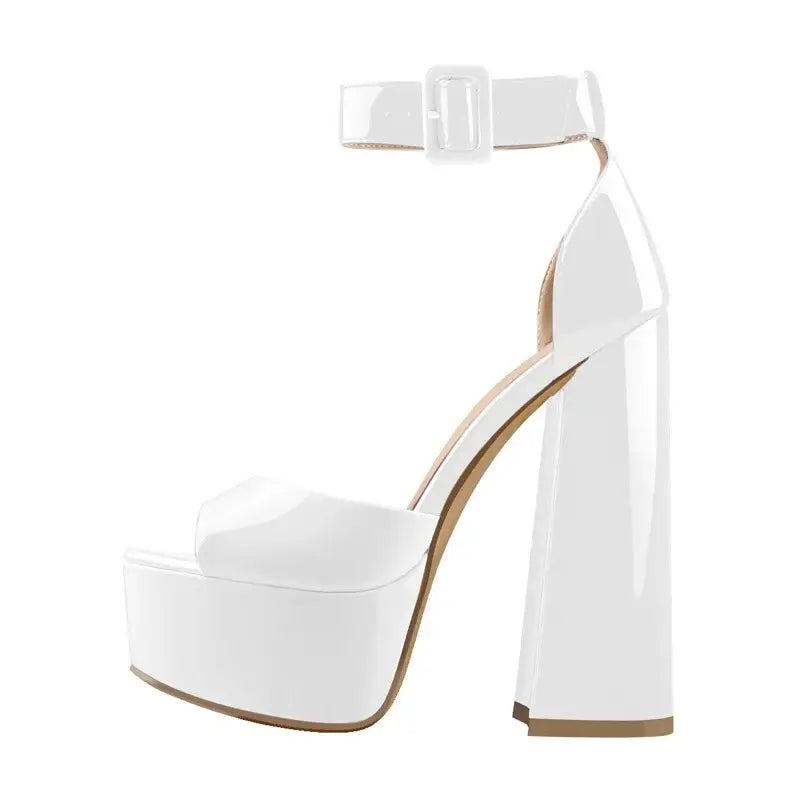 High Heels Sandals Ankle Strap Block Heel Dress Shoes in white patent leather with super high heels and platform.