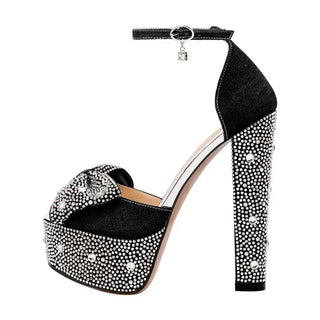 High-quality handmade black platform heels with rhinestones and buckle strap, perfect for stylish women.