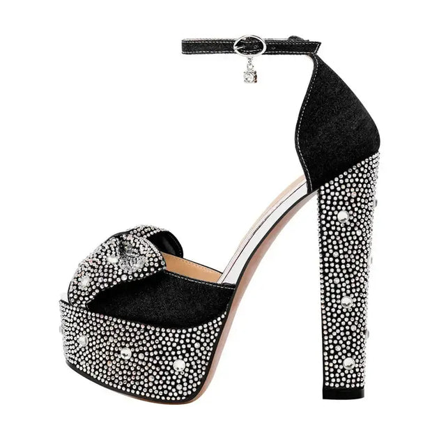High-quality handmade black platform heels with rhinestones and buckle strap, perfect for stylish women.