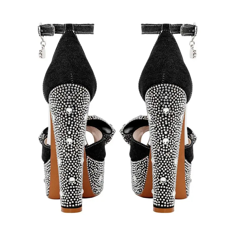 High-quality black handmade heels with rhinestones and ankle strap, featuring 15-16 cm heels and 4-5 cm platform.