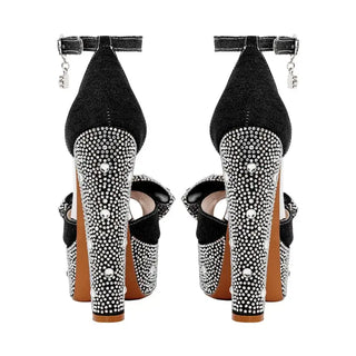 High-quality black handmade heels with rhinestones and ankle strap, featuring 15-16 cm heels and 4-5 cm platform.