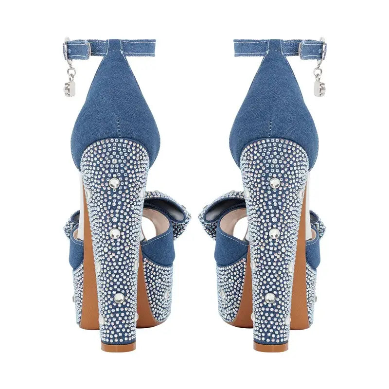 High-quality handmade denim platform heels with rhinestone embellishments and ankle buckle, stylish for women's fashion.