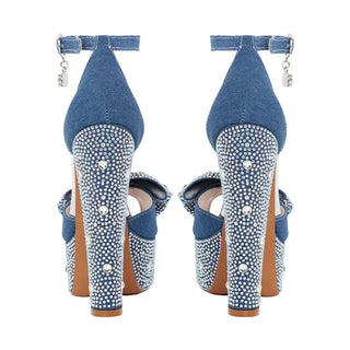 High-quality handmade denim platform heels with rhinestone embellishments and ankle buckle, stylish for women's fashion.