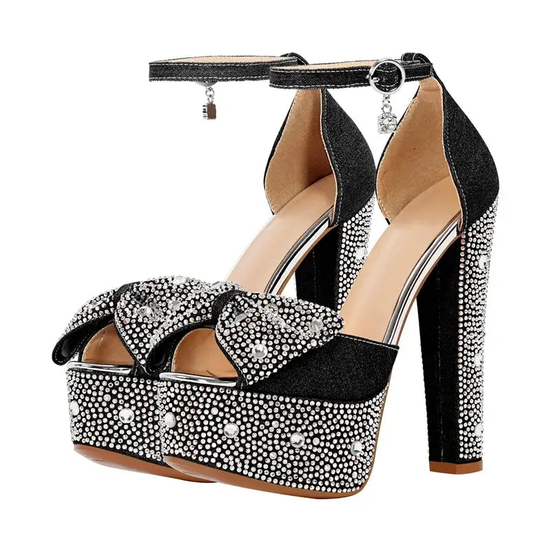High-quality black handmade heels with rhinestone embellishments, featuring super high round heels and platform.