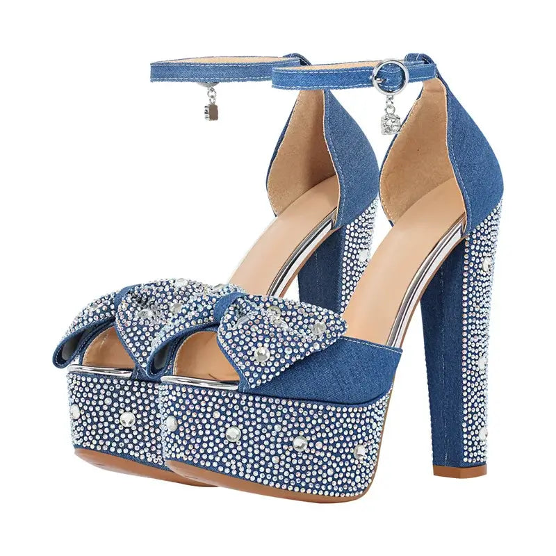 High-quality blue handmade heels with rhinestones and platform design for women, featuring a high round heel and ankle strap.
