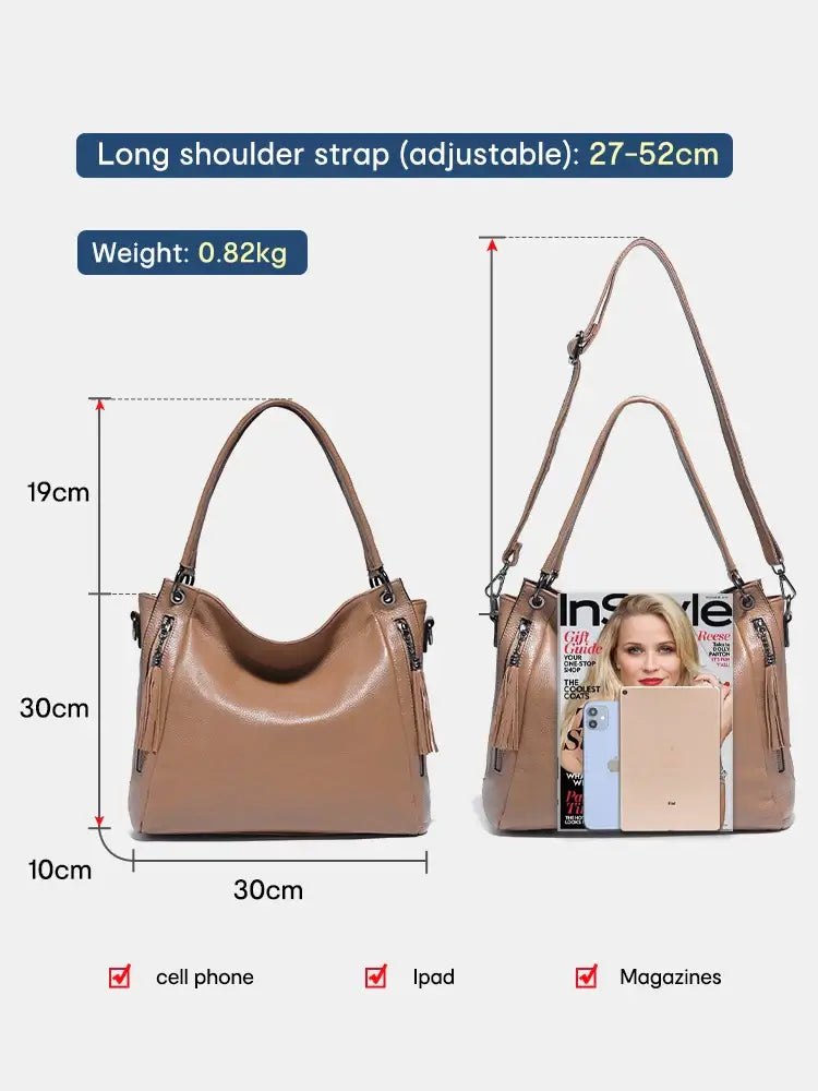 Shoulder hobo bag, adjustable long strap, beige, showcases dimensions and weight, perfect for carrying essentials like magazines.