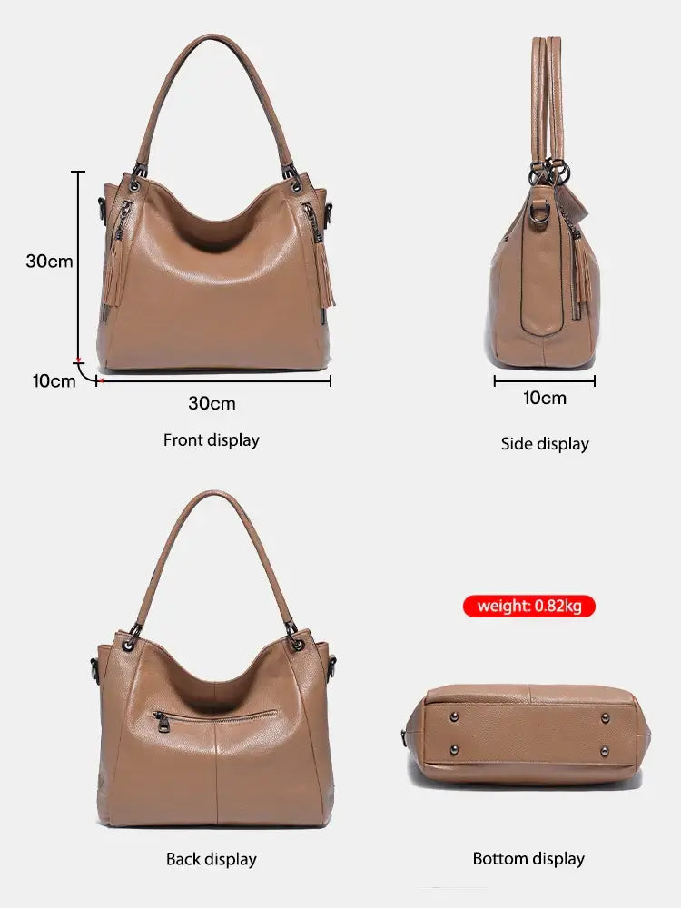 Shoulder hobo bag in tan, soft genuine leather, showcasing front, side, back, and bottom views with dimensions and weight.