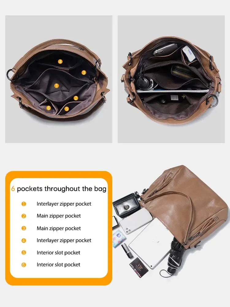 Crafted brown leather shoulder hobo bag with 6 pockets, designed for functionality and style, ideal for women.