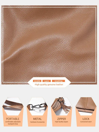 Brown hobo bag made of soft, breathable genuine leather, featuring durable construction and stylish tassel detail.