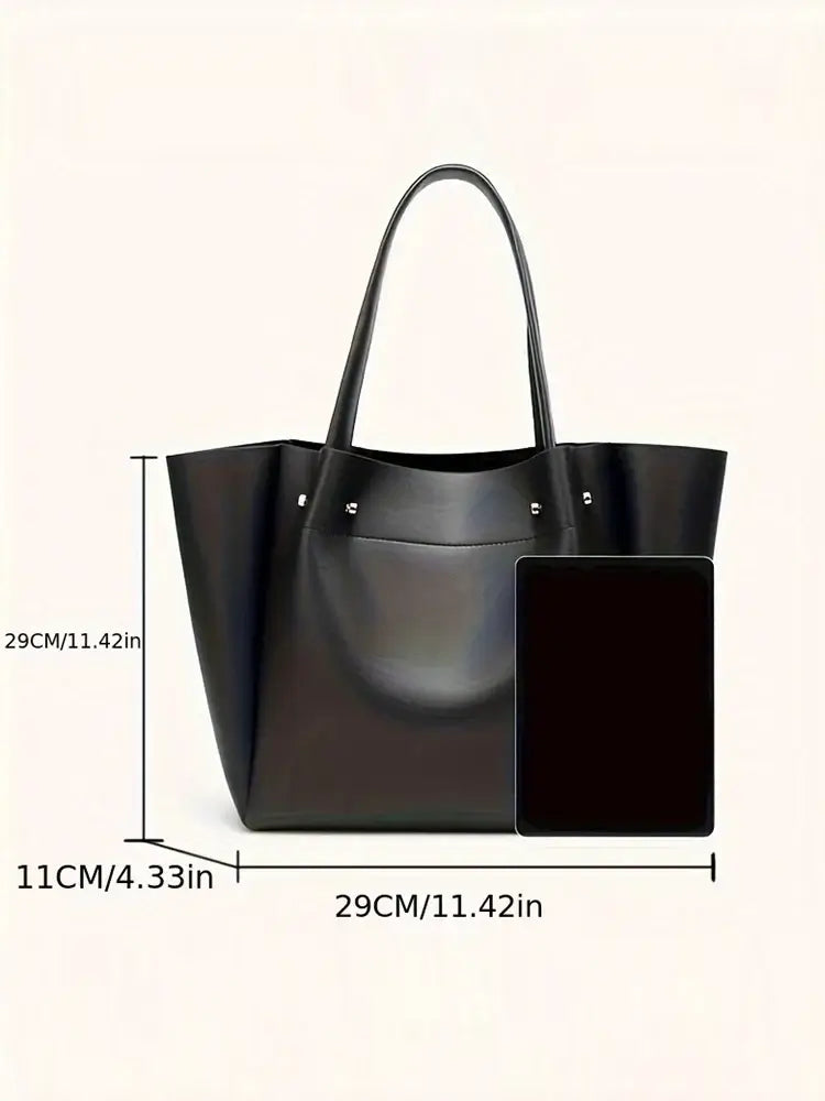 Women's Large Black Faux Leather Tote Bag with Minimalist Design, Casual Style, Solid Pattern, Versatile Use.