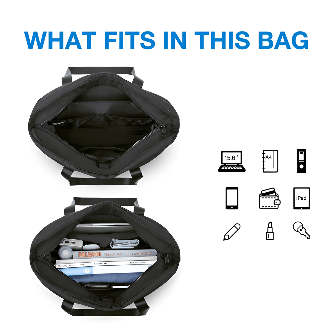 Black tote bag interior showing spacious storage for laptop, notebooks, and daily essentials.
