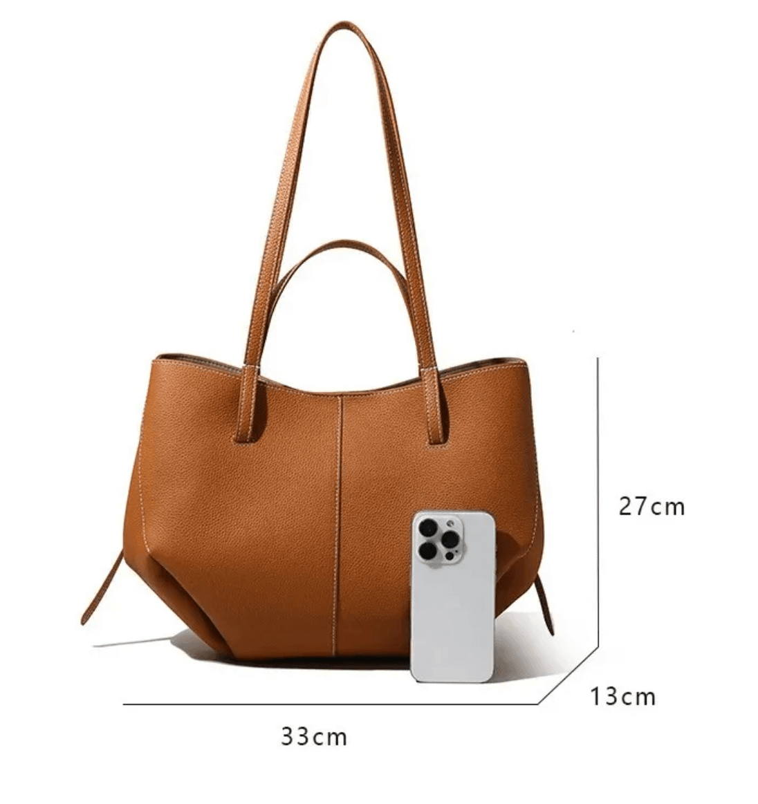 Brown leather tote bag with spacious design, measuring 33cm x 27cm x 13cm, ideal for daily use and high-end fashion.