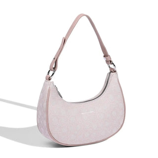 Women’s Leather Half Moon Bag in pink, stylish shoulder bag with tassel and soft PU material.