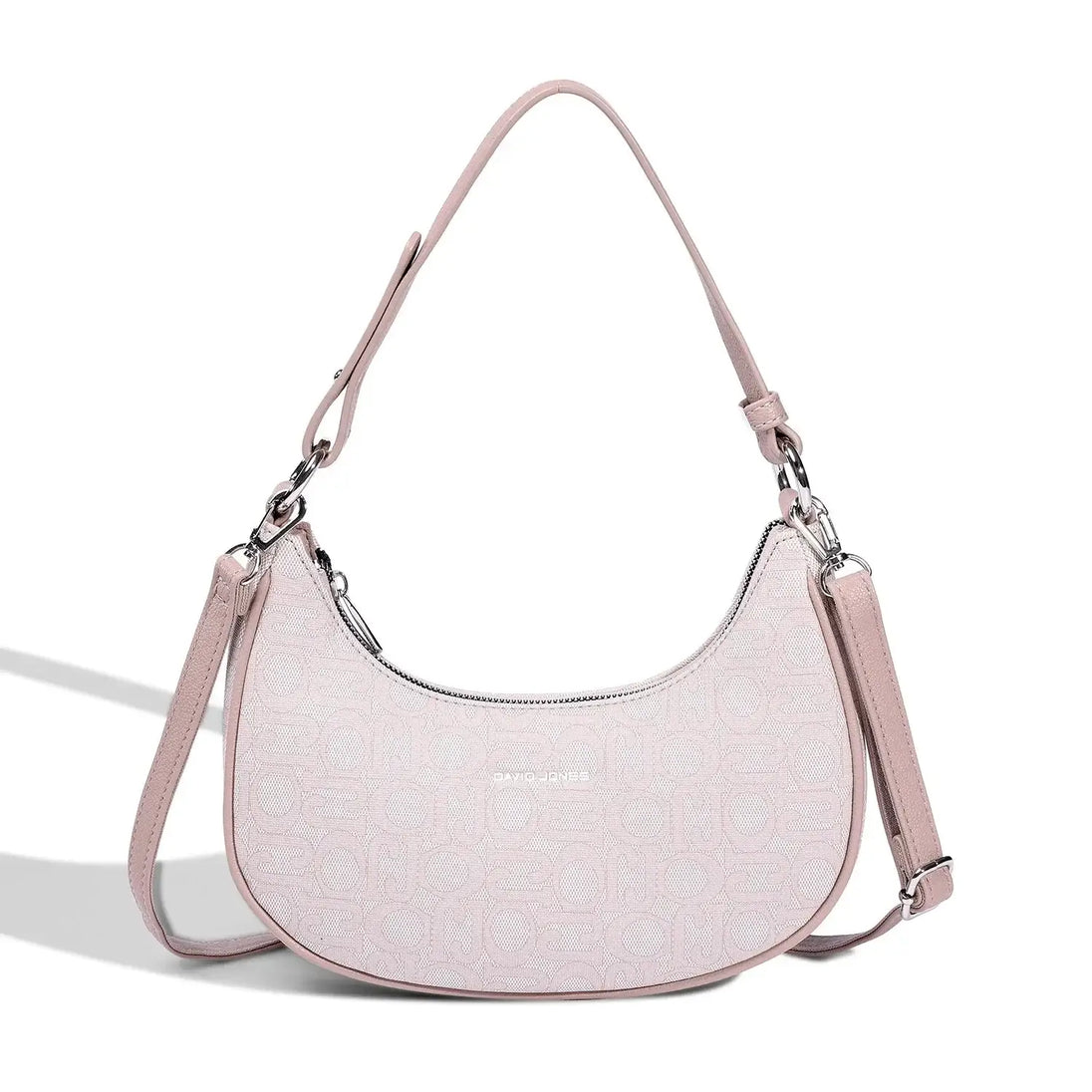 Women’s Leather Half Moon Bag in pink, soft PU material, stylish shoulder bag with tassel decoration.