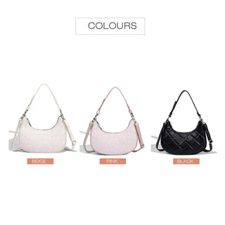 Women’s leather half moon bag in beige, pink, and black colors, ideal shoulder bag for versatile occasions.