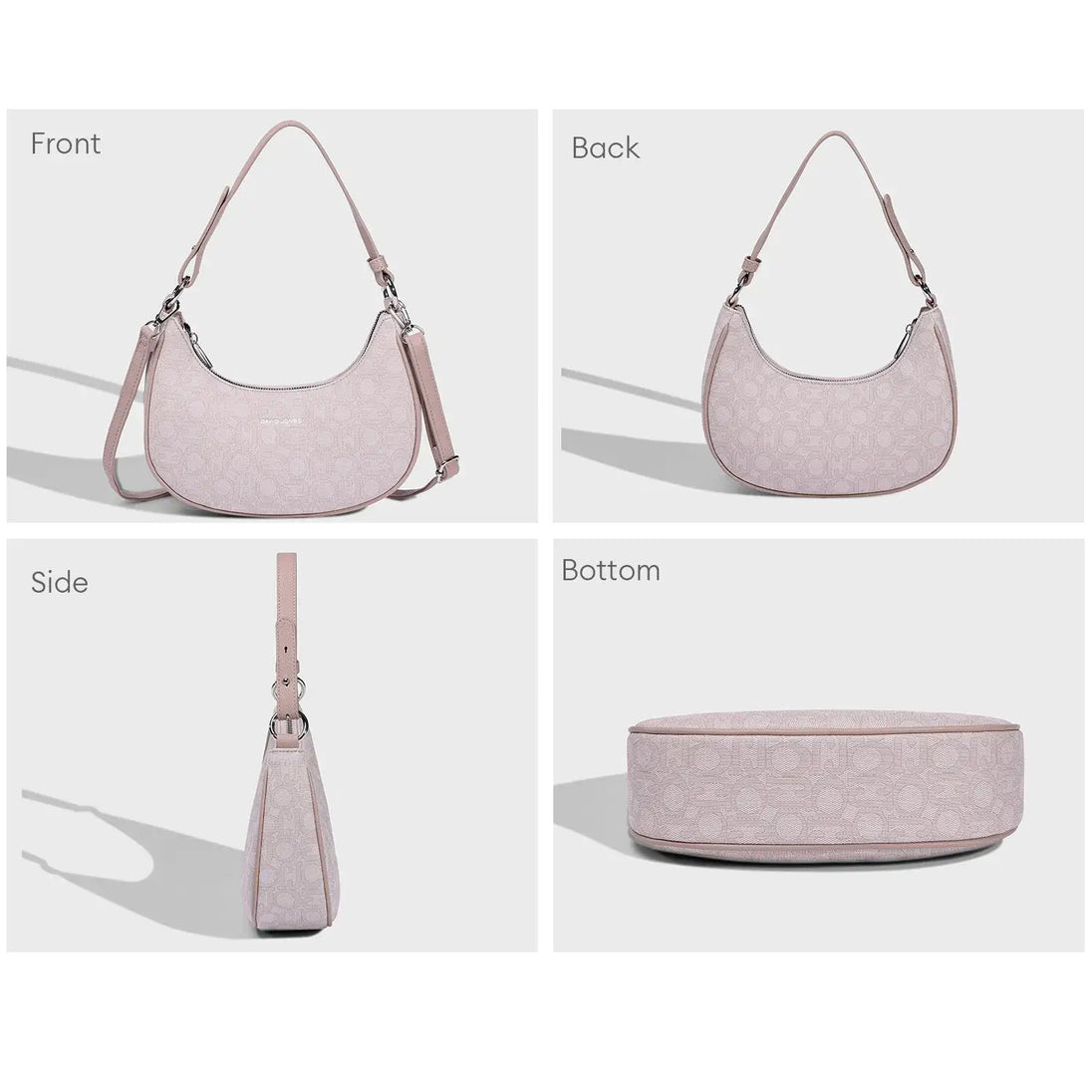 Women’s Leather Half Moon Bag in pink, showcasing front, back, side, and bottom views.