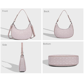 Women’s Leather Half Moon Bag in pink, showcasing front, back, side, and bottom views.