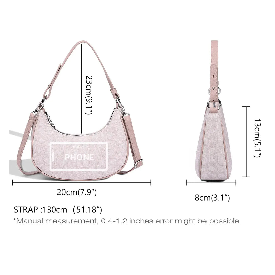 Women’s leather half moon bag, pink, shoulder bag with tassel and multiple pockets.