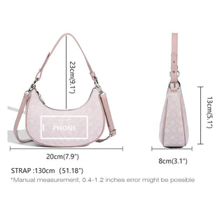Women’s leather half moon bag, pink, shoulder bag with tassel and multiple pockets.